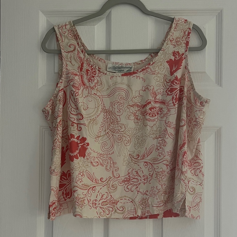 Pineapple Moon Elegant Coral and Cream Sleeveless Silk Blouse with Gold Accent